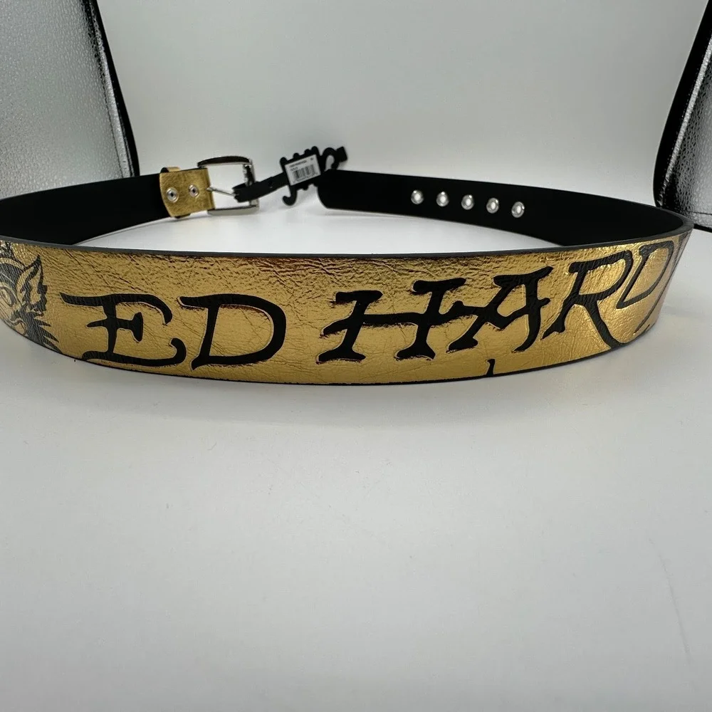 Ed Hardy Christian Audigier Belt Mens 34 Tiger Skull Tattoo Art Gold Color NEW